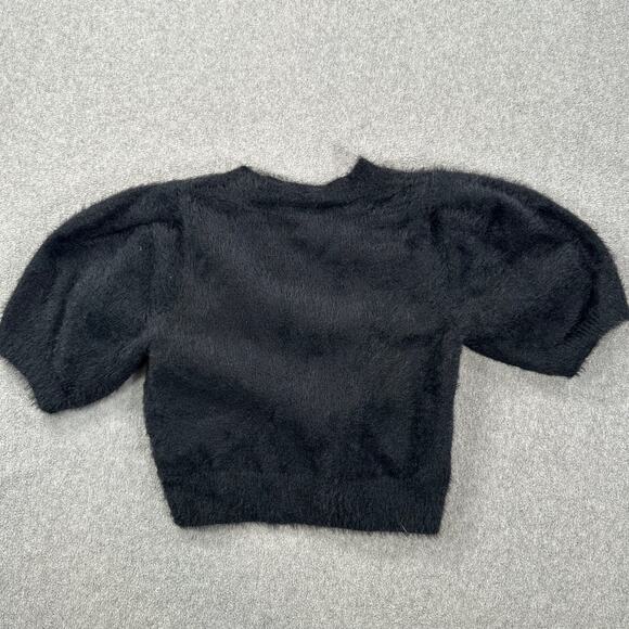 Day + Moon Fuzzy Cropped Sweater Top Size Small Black Short Puff Sleeve Crew Nec - Picture 9 of 9